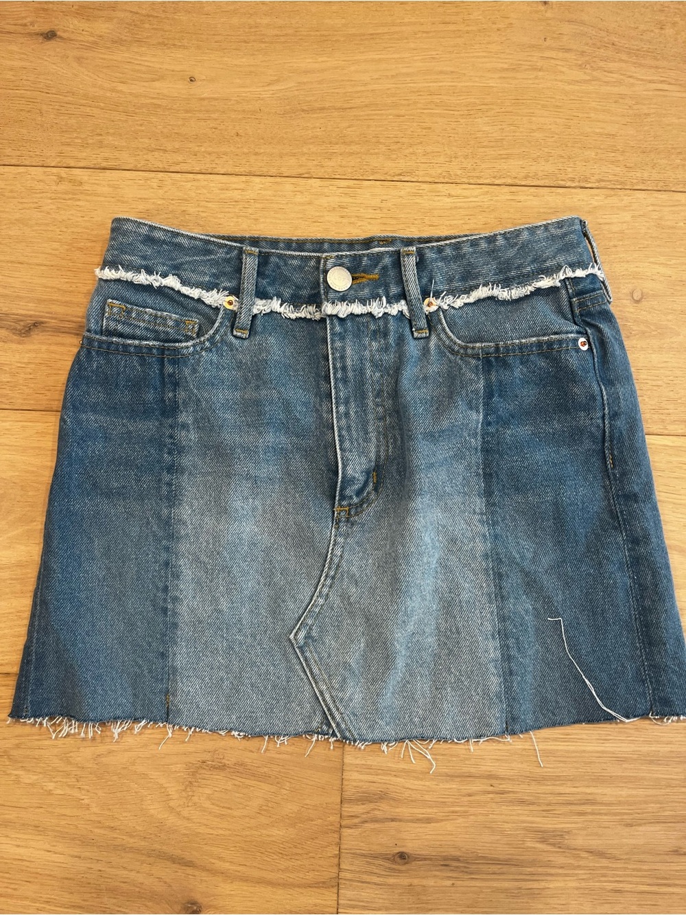 Loft Colorblock Two-Tone Patchwork Frayed Denim Mini Skirt